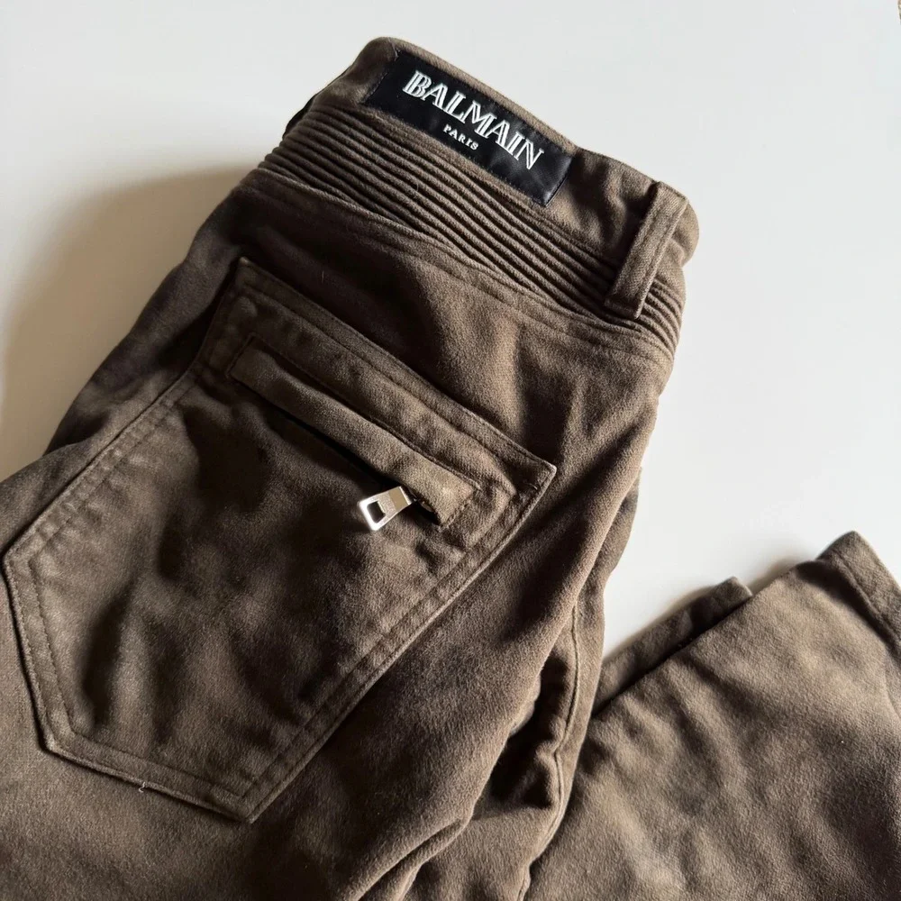 BALMAIN Biker Pants Green Brown Moto Suede Ribbed Knee Men's Size 34 Distressed